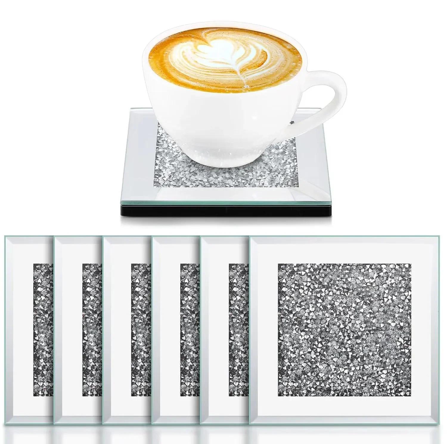 6Pcs Glass Mirrored Coasters Set Round