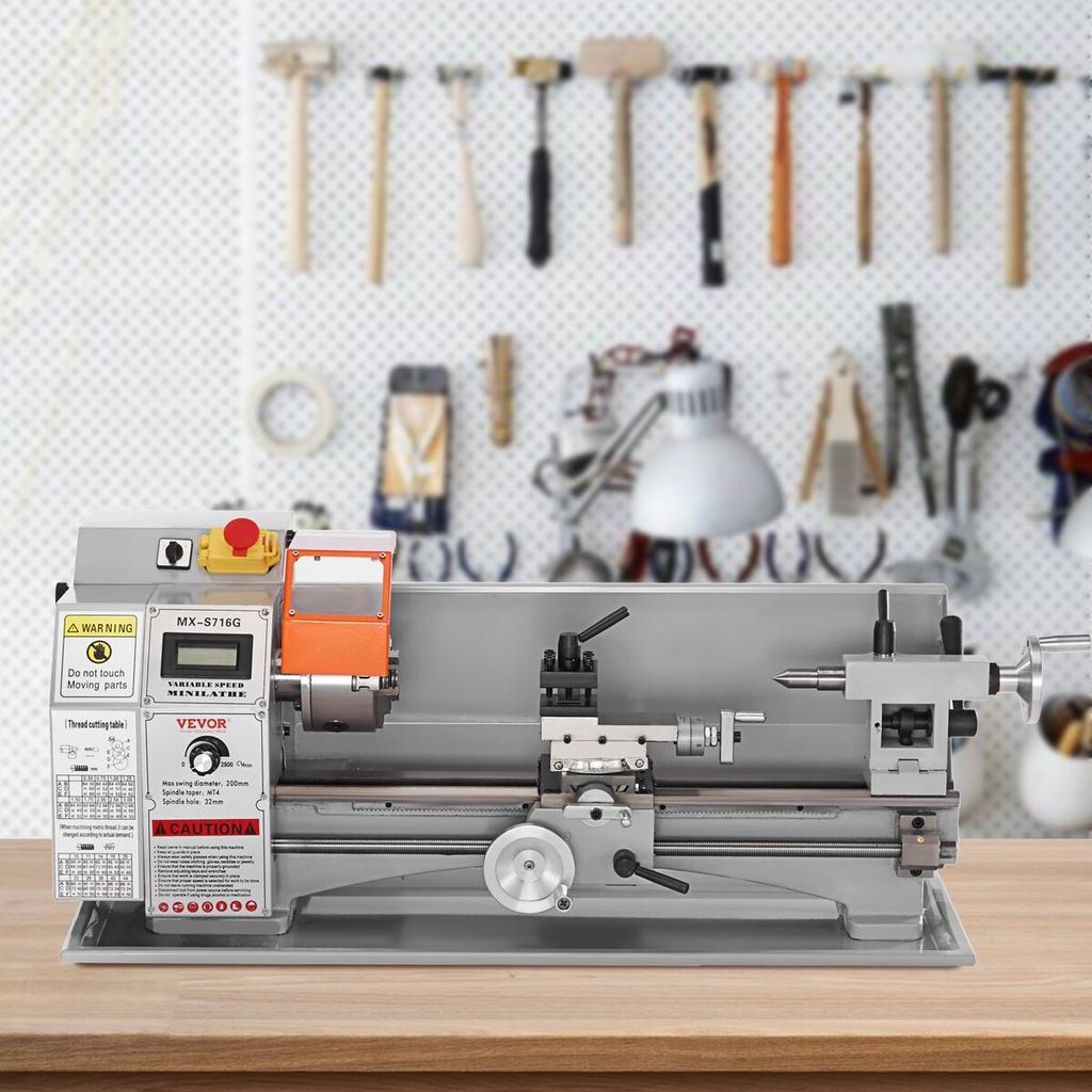 Mini Metal Lathe Machine, 7'' x 16'', 800W Precision Benchtop Power Metal Lathe, 150-2500 RPM Continuously Variable Speed, with 3.9'' 3-jaw Metal
