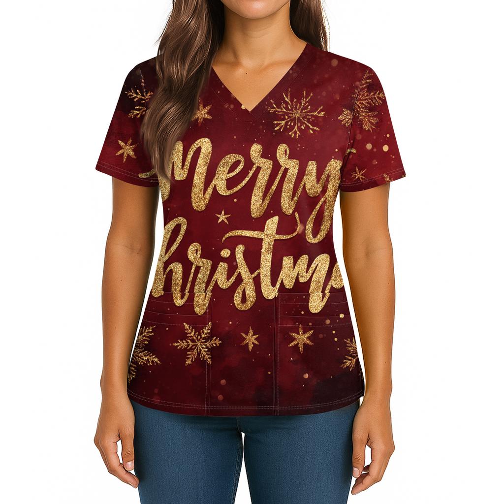 Women's Christmas Print V-Neck Double Pocket Short Sleeves Hem Slit  Uniform And Caregiver Top