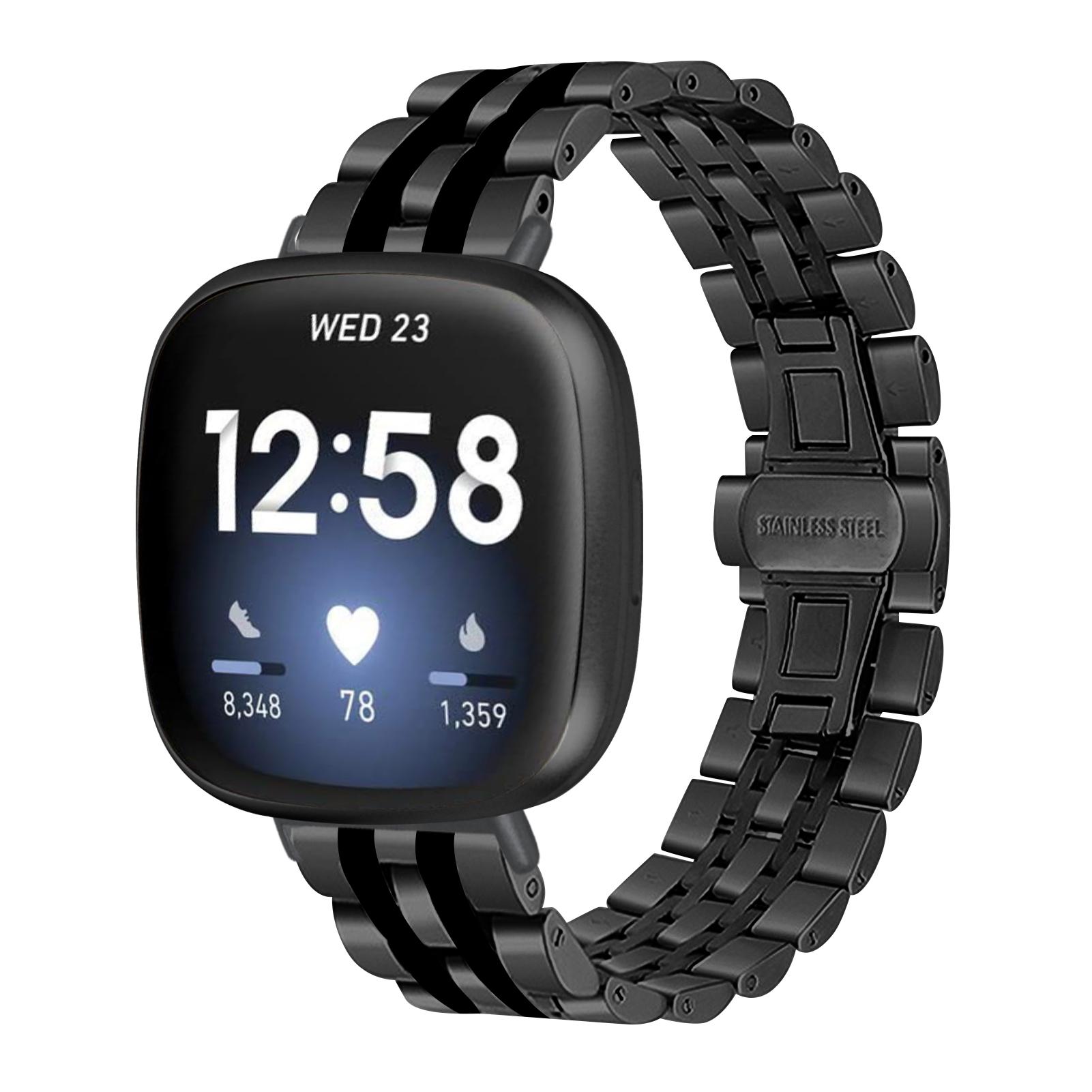 

For Fitbit Sense 2/Versa 4 Replacement Watch Band Stylish 7 Beads Stainless Steel Wrist Strap Black