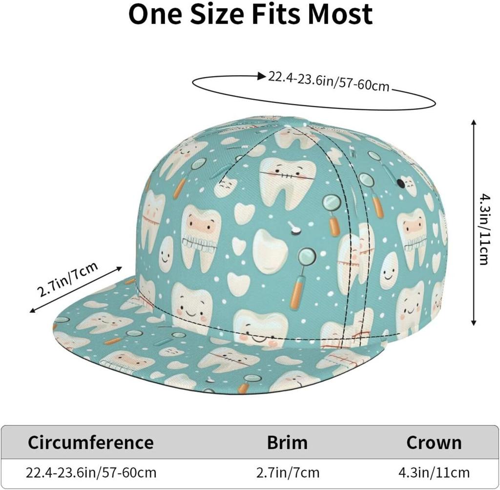 Trucker Hats for Men Women Adjustable Comfy Cute Cartoon Teeth Print Flat Bill Baseball Cap Golf Hat Dad Hat Snapback Black