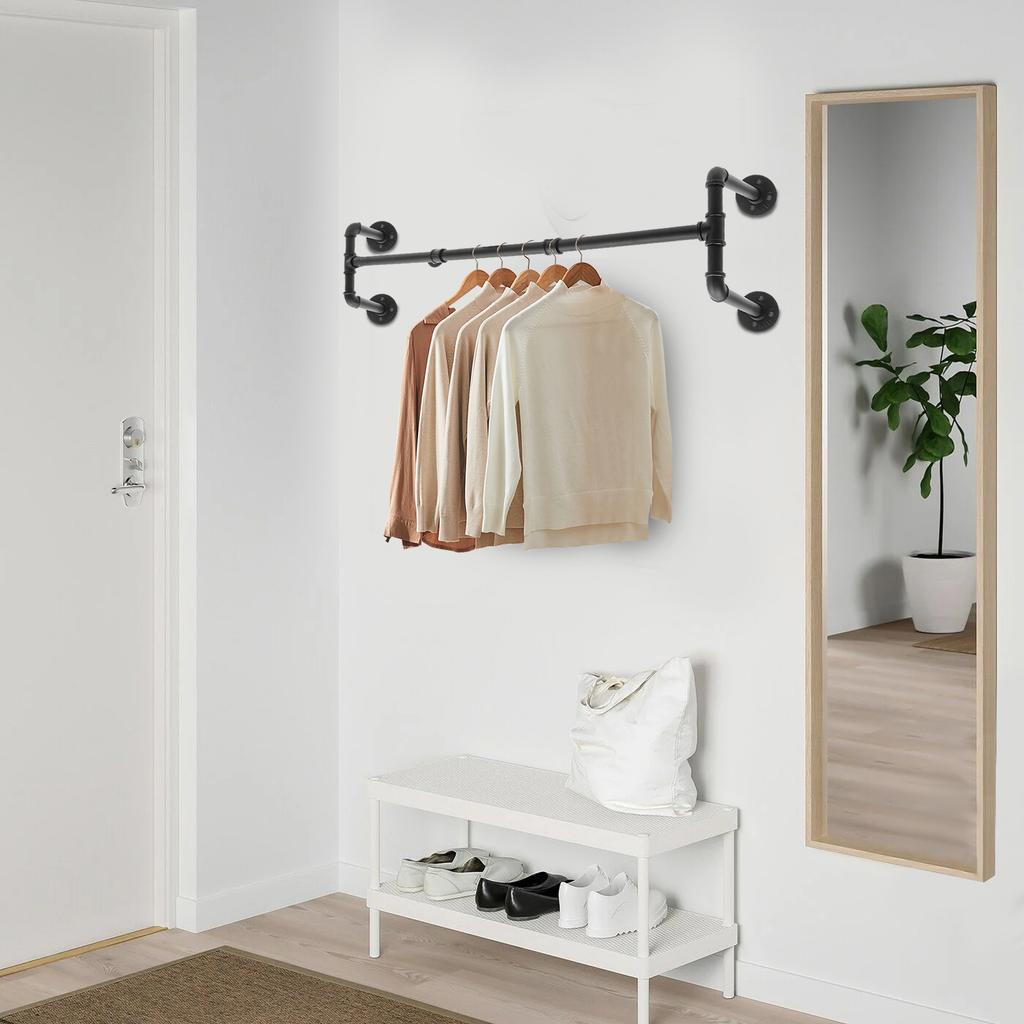 Black Wall Mounted Coat Rack, Modern Iron Apparel Organizer - Heavyweight Hanging Storage Solution, 80kg Capacity Garment Rod