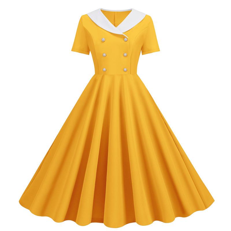 

2024 Summer Retro Casual Solid Color Short Sleeve Swing Dress L жёлтый
