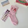 Women's Mid-Calf Socks: Japanese-Inspired Pink Floral with Lettering, Cute and Versatile for Spring & Autumn.