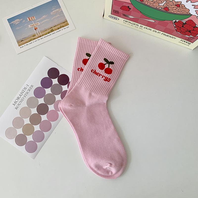 Women's Mid-Calf Socks: Japanese-Inspired Pink Floral with Lettering, Cute and Versatile for Spring & Autumn.