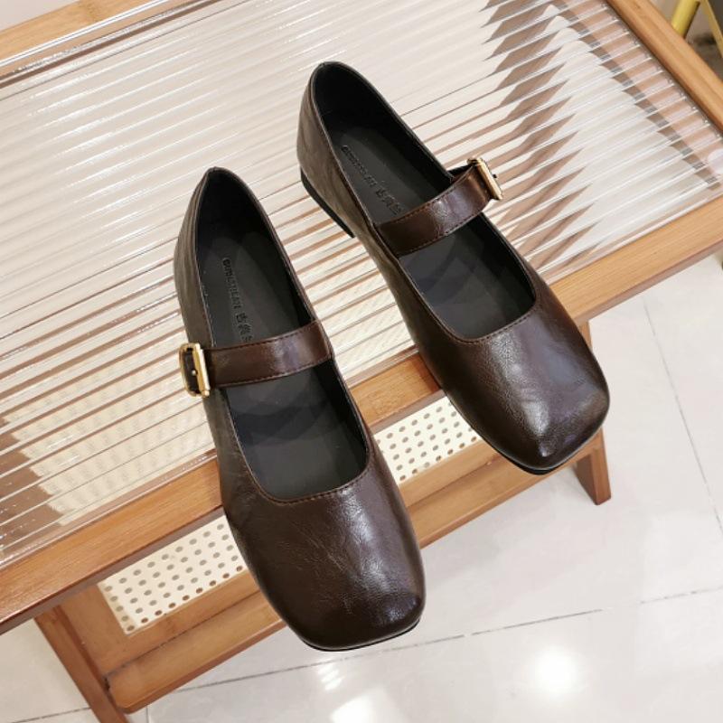 Spring and Autumn New Retro Versatile Mary Jane Shoes Flat Bottom Square Head One-word Buckle Belt Shallow Mouth Single Shoes Women