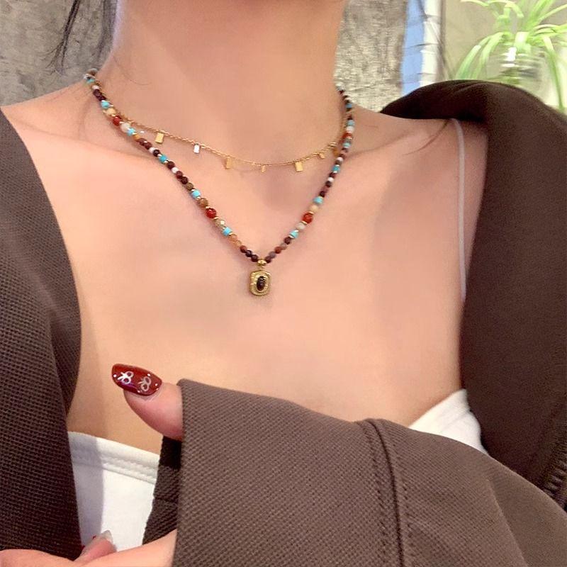 French retro sugar cube colored beaded tiger's eye stone necklace sweet and cool accessories women's exquisite versatile collarbone chain ethnic style