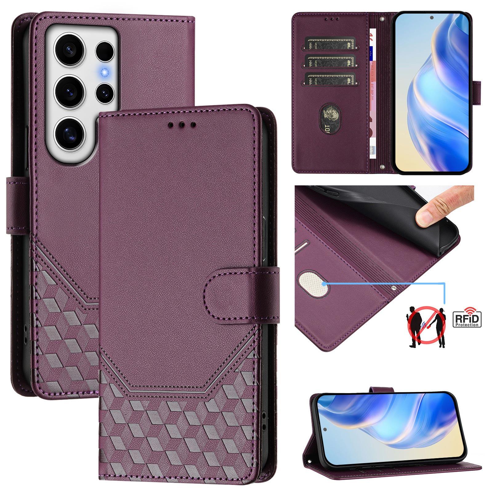 

For Samsung Galaxy S24 Ultra Case Imprinted Honeycomb RFID Blocking Leather Phone Cover with Strap F