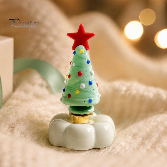 Handcrafted Holiday Table Decor Handmade Glass Christmas Tree Ornament with Star Top And Colorful Bead Details, Unique Gifts for Friends Desktop