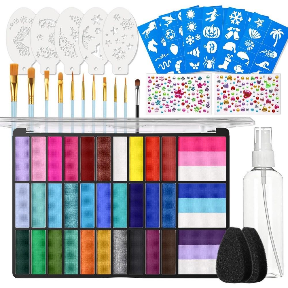 Non-toxic Face Painting Kit 33-Color Palette Stencil Brush Halloween Makeup 1 pcs