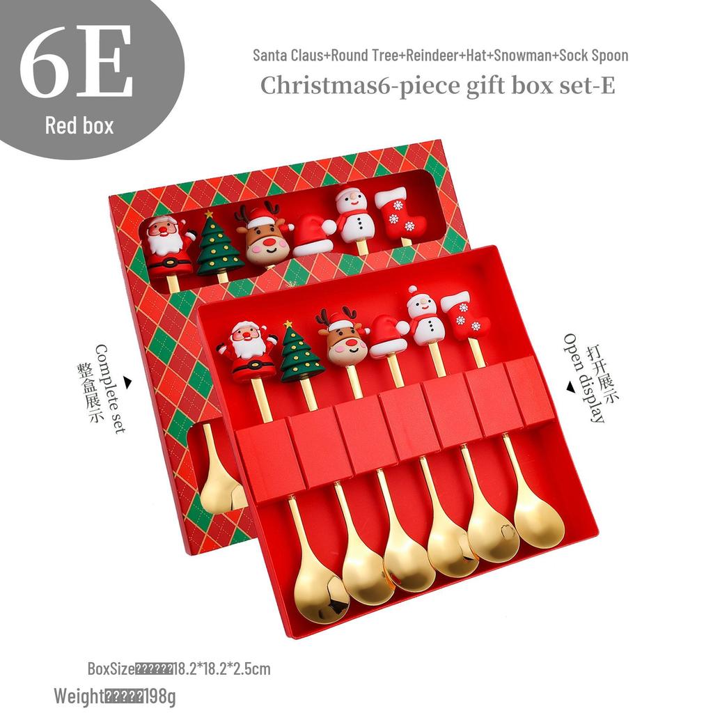Cross-Border Christmas Stainless Steel Fork & Spoon Gift Set - Reindeer & Snowman Cartoon Pattern Dessert Gold Cutlery