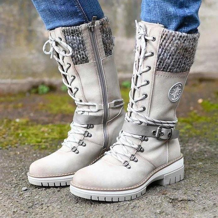 European and American Knight Boots European and American Women's Front Lace-up Winter Mid-tube Square Heel Round Head Sewn Martin Boots