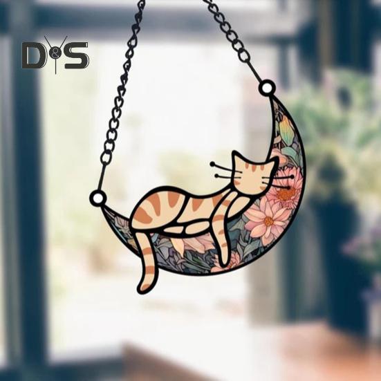 Cat Sleeping On Moon Hanging Decoration Living Room Wall Window Hanging Stained Glass Cartoon Kitten Suncatcher Colorful Acrylic Ornament Pendant