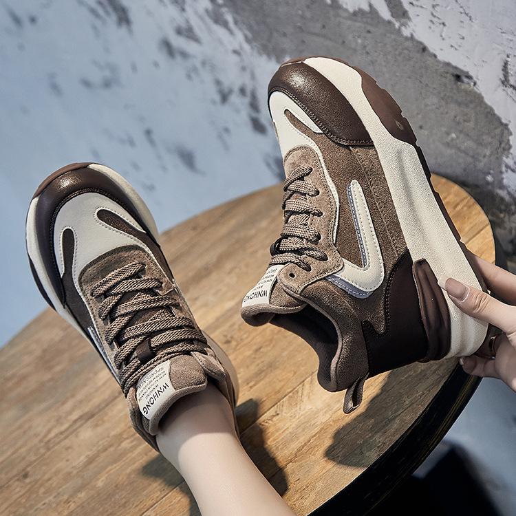 Spring/Summer 2025 Women's Colorblock Genuine Leather High-Top Sneakers - Thick Sole, Fleece-Lined, Casual Lace-Up in Trend