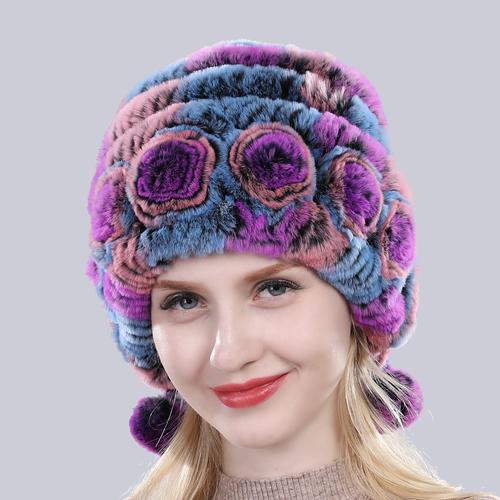 Sale Winter Women Flowers Striped Natural Real Rex Rabbit Fur Hats Lady Warm Knit Genuine Fur Caps Russian Outdoor Fur Hats