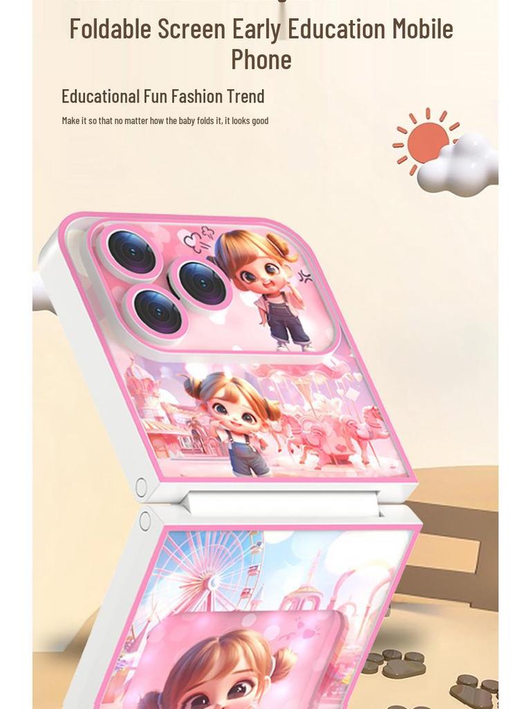 Early Education Foldable Screen Cartoon Phone Toy with 40 Keys: Multifunctional Baby Simulation and Learning Device