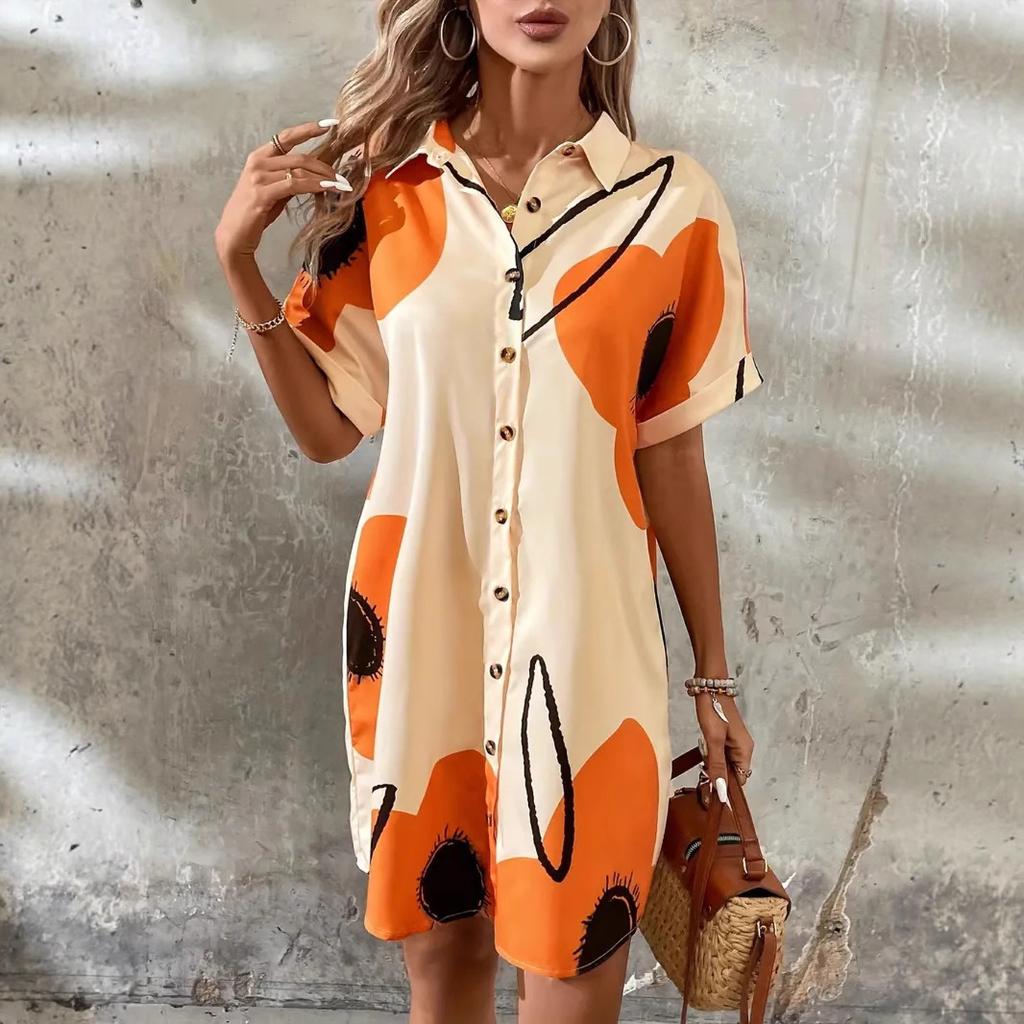 JKASHDK Women's Fashion Summer Spring Flower Pattern Print Short Sleeve POLO Neck Loose Waistline Casual Dresses