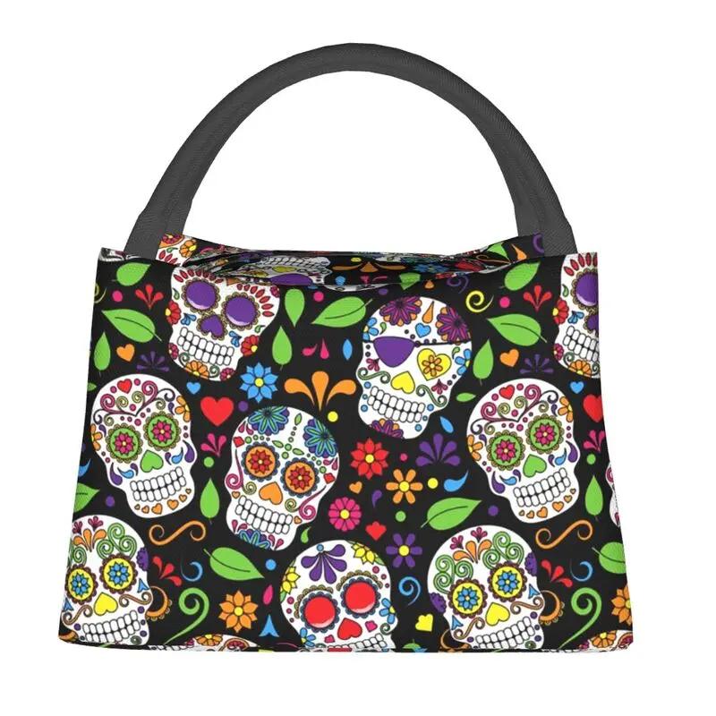 Day Of The Dead Kitten Cat Sugar Skull Thermal Insulated Lunch Bags Women Mexican Halloween Floral Lunch Container for Food Box