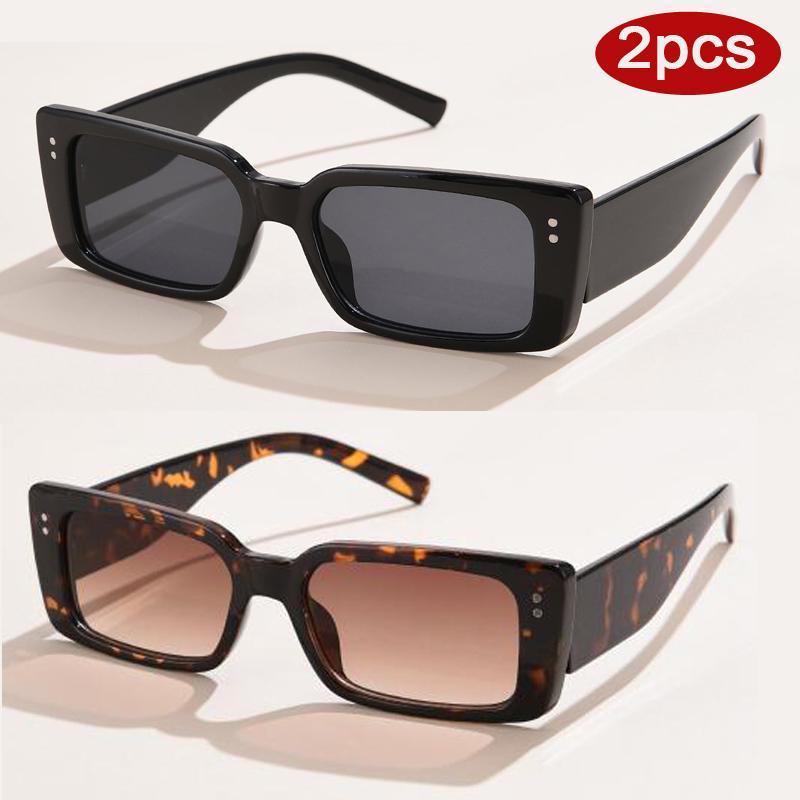 

2pcs Fashion Simple Square Sunglasses Women Rivet Design Black Leopard Frame Eyewear Female Outdoor Sun Glasses Shades UV400