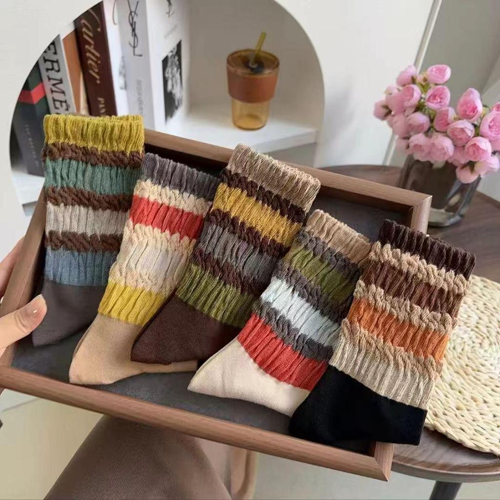 Women's Loose Cuff Striped Rainbow Socks - Korean Style, Internet Celebrity Inspired, Comfortable Spring/Autumn Fit, Retro Long Socks.