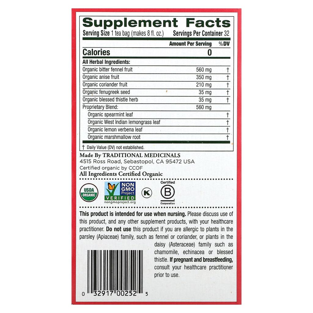 Traditional Medicinals Leite Materno Orgânico®, com Funcho Original e Feno-grego, Sem Cafeína, 32 Sachês de Chá, 1,98 oz (56 g)