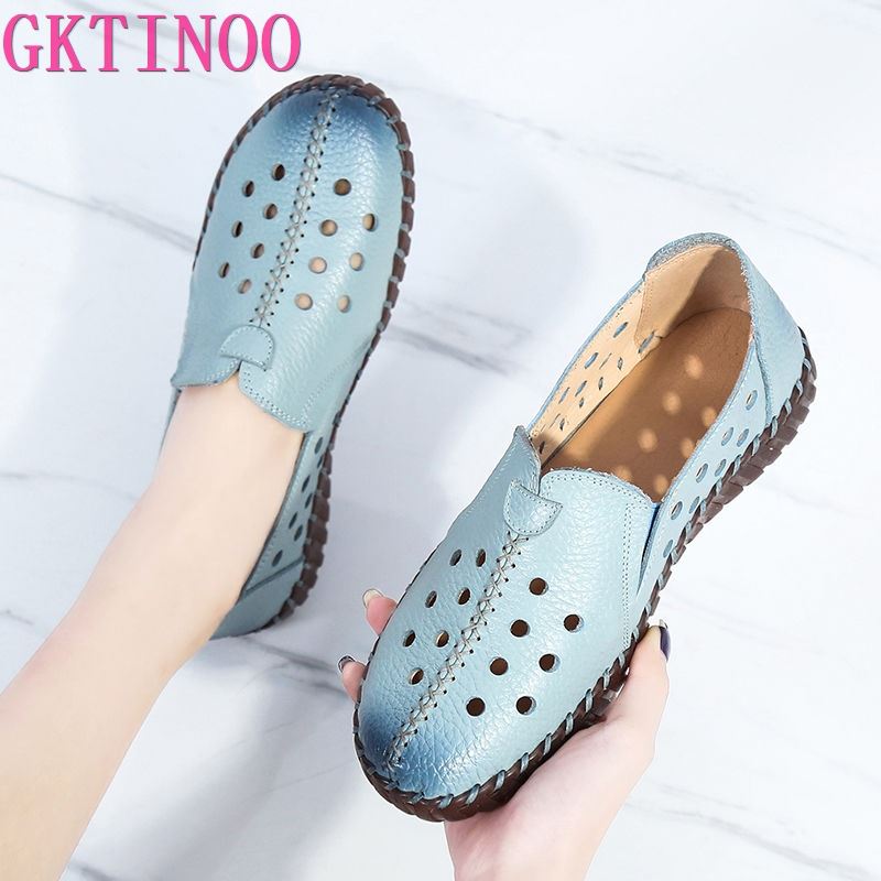 Mode GKTINOO 2025 Sommer Echtes Leder Vintage Slipper Schuhe Damen Bequem Slipper Handgefertigt Leder Atmungsaktiv Hohl Weiche Schuhe Frau