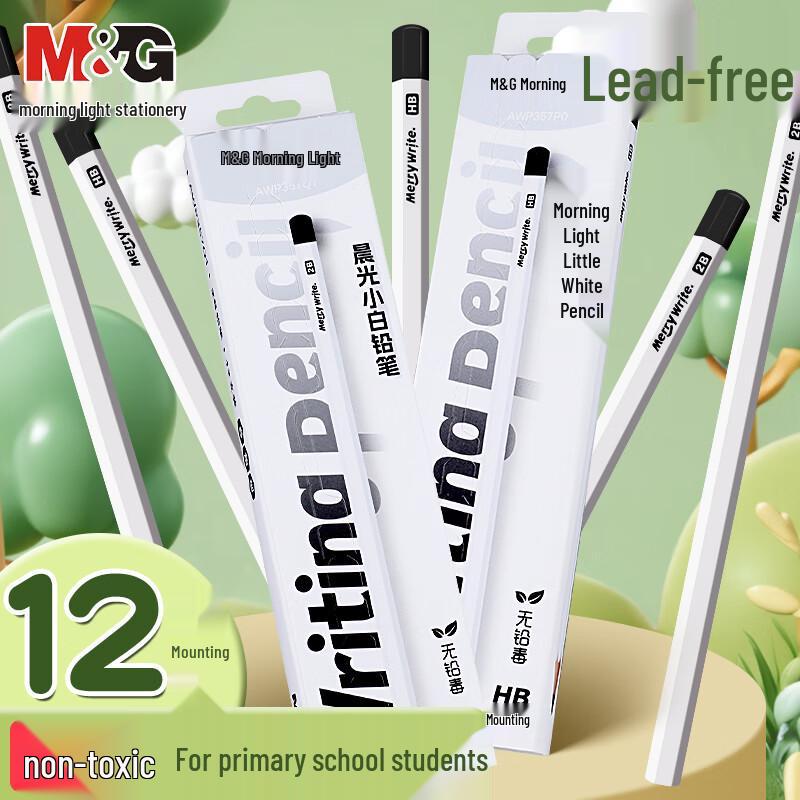 M&G HB White Barrel Hexagonal Pencils, 12-pack