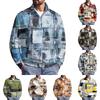 Men's Fall Winter Paneled Print Zip Neck Pullover with Stand Collar Casual Wrinkle- Athletic Top