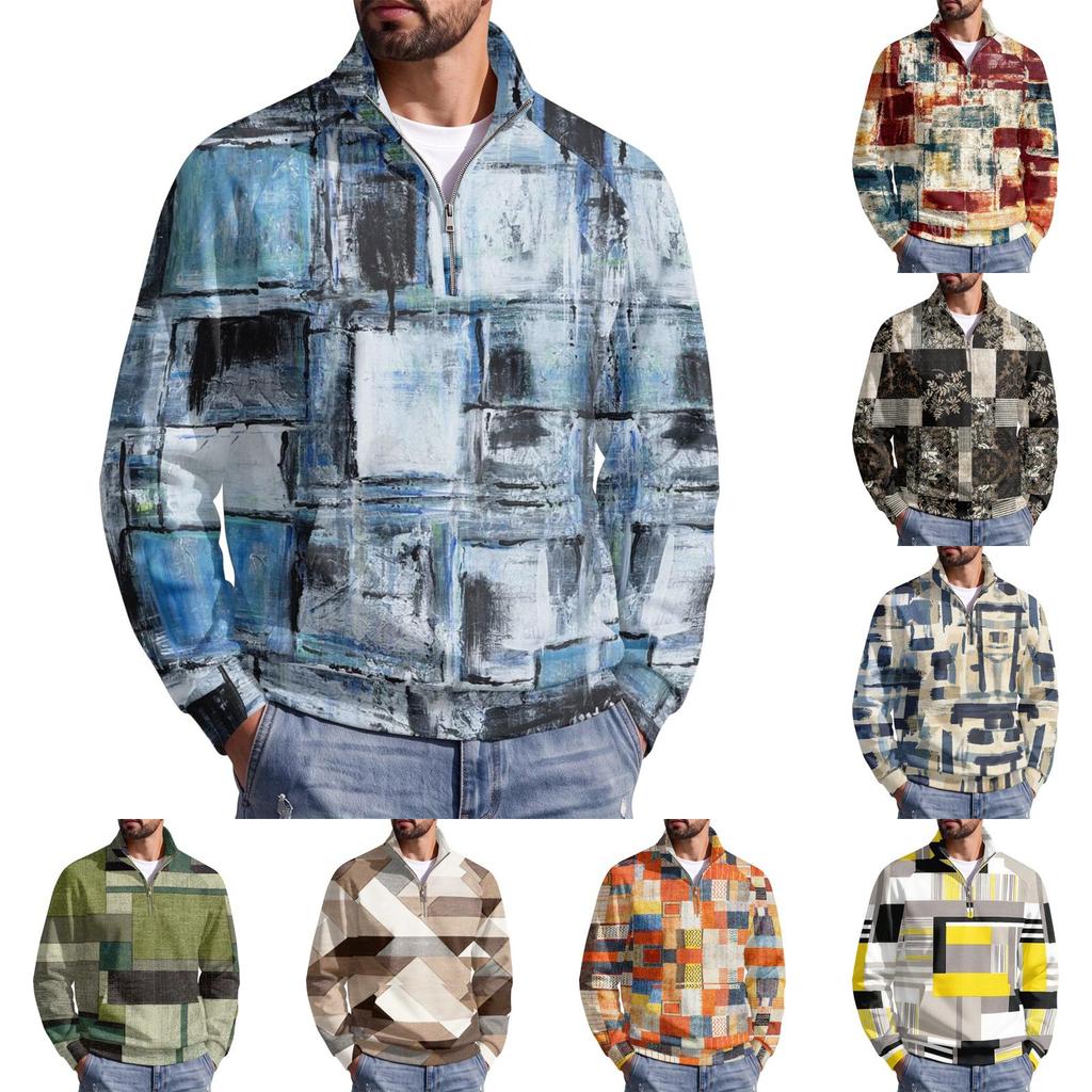 Men's Fall Winter Paneled Print Zip Neck Pullover with Stand Collar Casual Wrinkle- Athletic Top