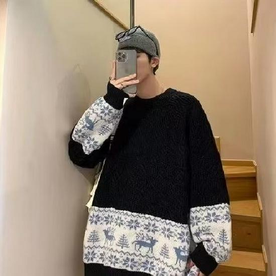Men's Autumn/Winter Korean-Style Patchwork Sweater: Trendy, High-End, Loose, Lazy-Style Round Neck Knitwear for Couples