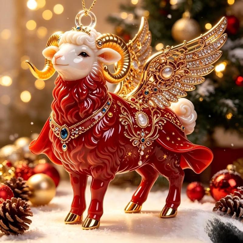 1Pcs Auspicious Red Gold Design 2D Acrylic Chinese Zodiac Goat Hanging Ornament For Spring Festival New Year Home Decoration