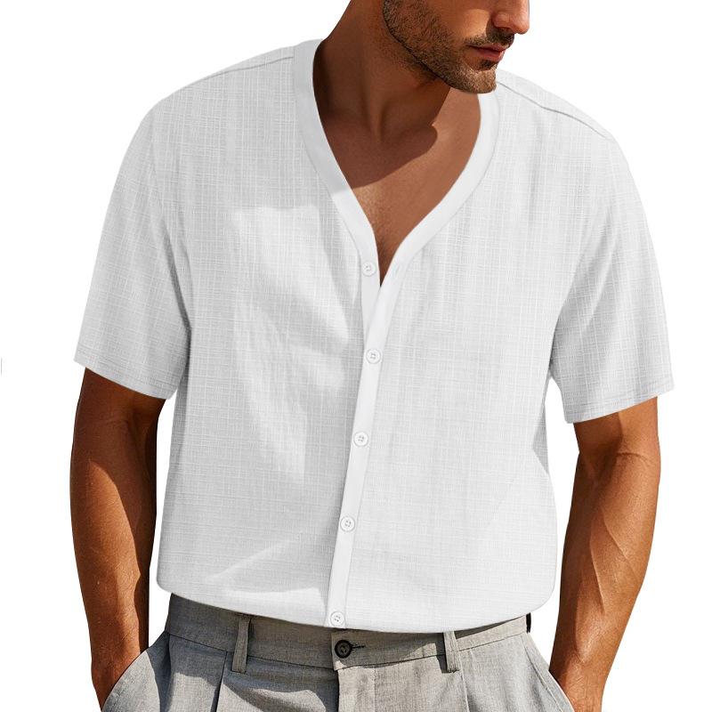 American Men's Summer Imitation Hemp Bamboo Short-sleeved Henry Shirt Loose Casual Trend Button Cardigan T-shirt Men's