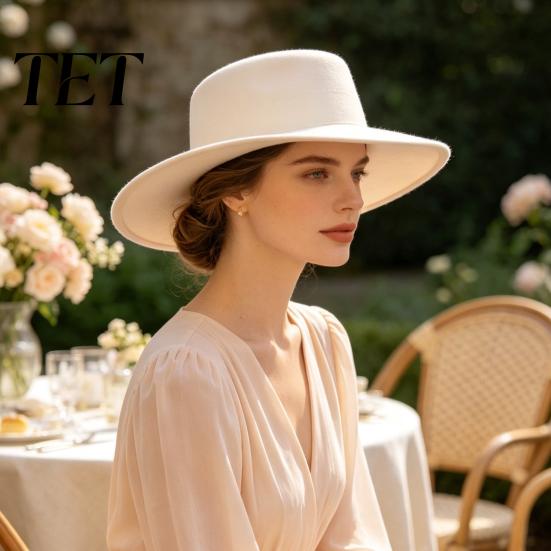 Chic Vacation Travel Hat Flat Top Fedora Hat, Wool Blend Derby Cap, Retro Jazz Polyester Warm Winter Cap Wide Brim Felt for Women, Events & Daily Wear