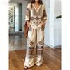 1116 Bohemian Print Cotton and Linen Shirt Wide-leg Pants Two-piece Set, Vacation Casual Suit Women Y1