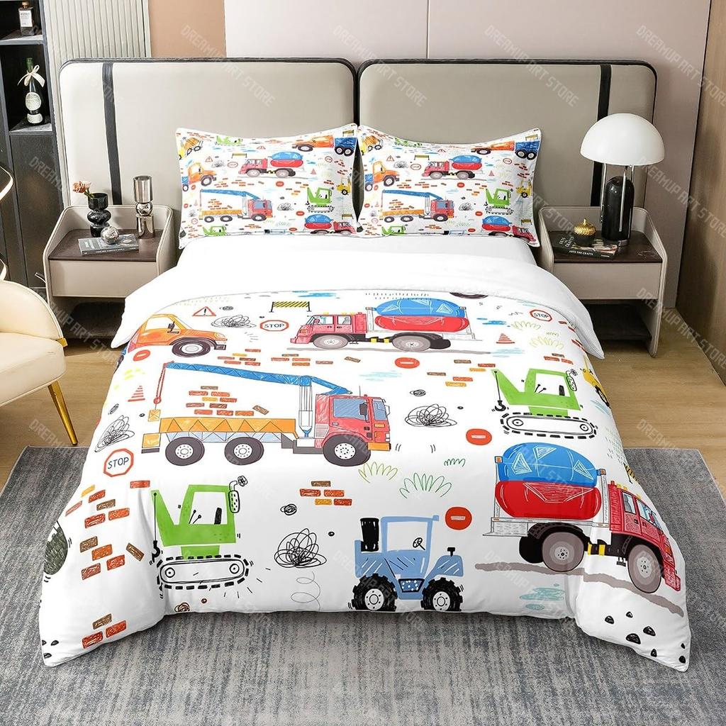 Excavator Duvet Cover Set Twin Queen Size Teens Cartoon Truck Bedding Set Kids Room Decor Construction Vehicle Comforter Cover