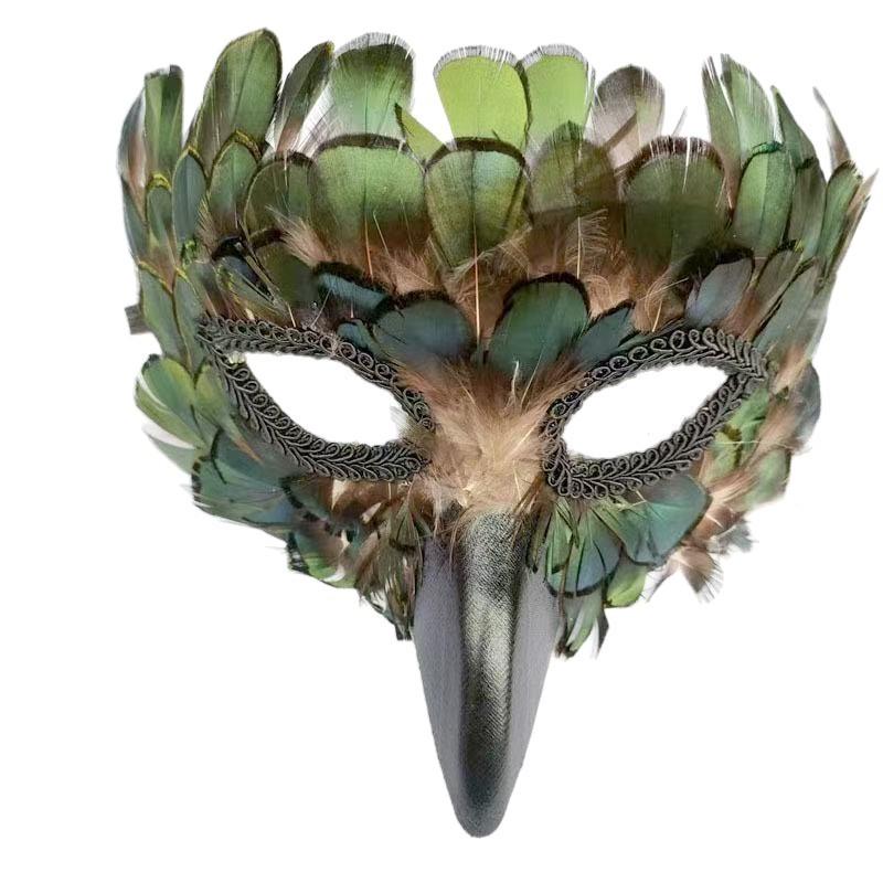 Handmade Peacock Feather Beak Mask Venetian Masquerade Halloween Crow Long Nose