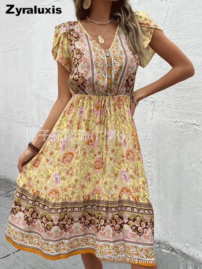 New Summer French Country Style V-Neck Floral Casual Fashion Printed Short Sleeve Dress for Women