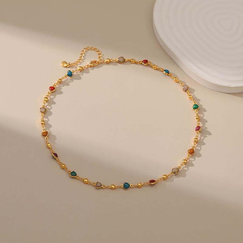 French Style Dripping Oil Colorful Heart Adjustable Gold Plated Clavicle Necklace