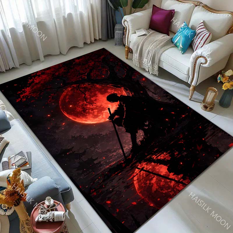 Blood Moon Samurai Silhouette Lakeside Print Carpet for Living Room Bedroom Sofa Home Decor Rus Non-slip Floor Mat Luxury Gift