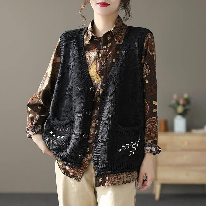 

Осенний ретро литературный свободный жилет без рукавов женский кардиган с вышитым карманом и V-образным вырезом вязаный кардиган жилет One size абрикосовый