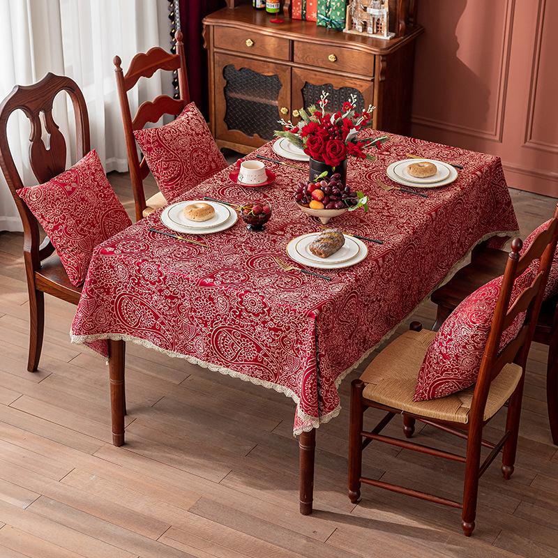 Wedding Rectangle Gold Lace Restaurant Tablecloth New Year'S Red Yarn Jacquard Coffee Table Cover