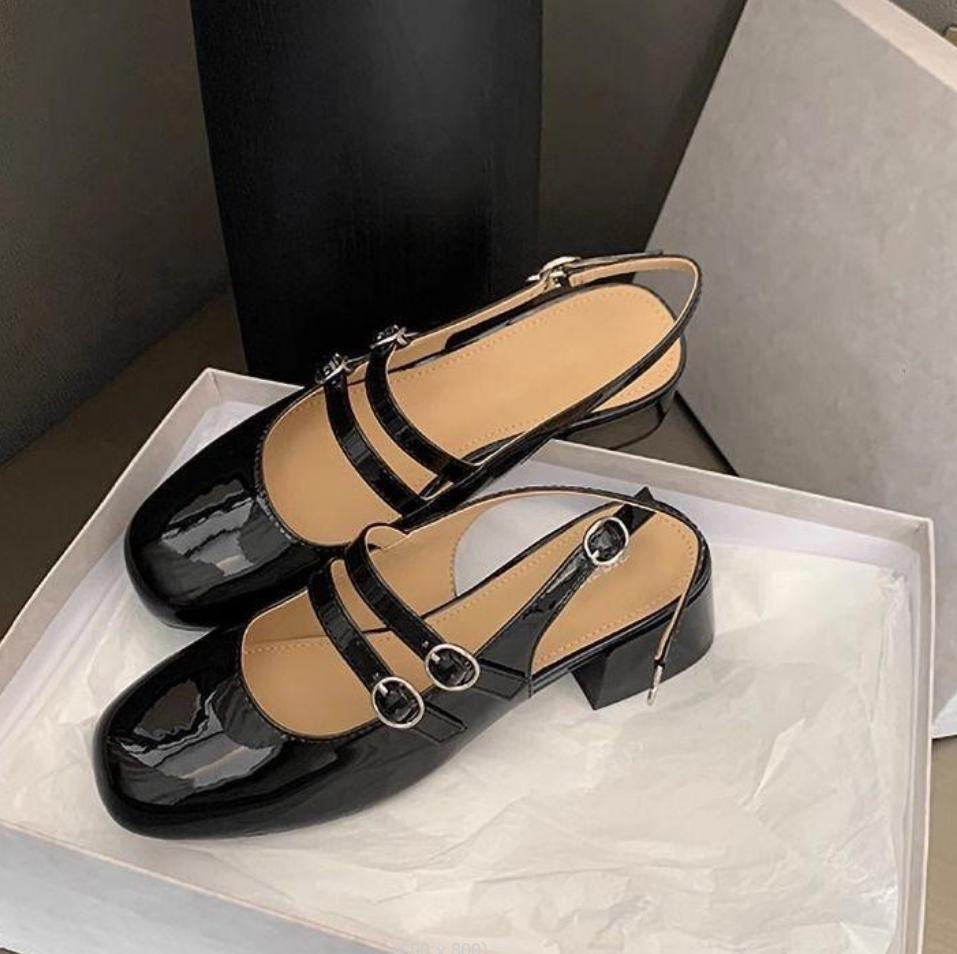 French Vintage Pump Women's Double Buckle Strap Back Open Sandal Summer New Fashion Women Chunky Heels Mary Jane Single Shoes