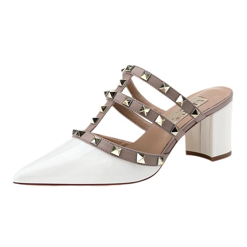 Women's 2025 Spring/Summer French Pointed-Toe Rivet High Heel Sandals - Chunky Heel, Closed Toe.