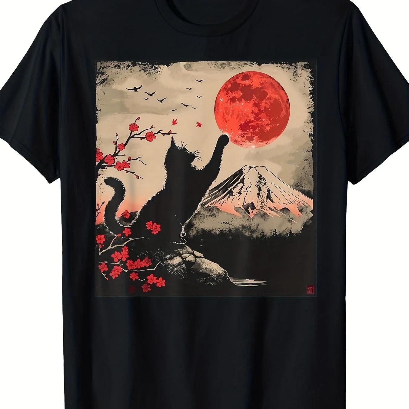 Vintage Ukiyo-e Black Cat Mount Fuji Red Sun Graphic T-Shirt Retro Tee Style S