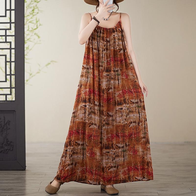 

Dimanaf 2025 Новое летнее женское платье больших размеров, свободное винтажное платье, базовый сарафан, повседневное длинное платье макси One Size коричневый