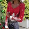 Women's Winter Slim-Fit Base Layer T-Shirt Fashionable Christmas Print V-Neck Pullover Long-Sleeved Top