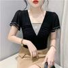 New Summer Women Tops Sexy V-Neck High Stretch Slim T-shirts Female Short Sleeve Mesh Hot Diamonds Tees All Match Casual Blusas