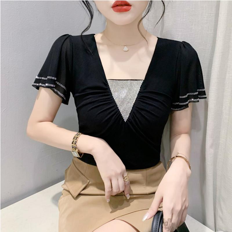 New Summer Women Tops Sexy V-Neck High Stretch Slim T-shirts Female Short Sleeve Mesh Hot Diamonds Tees All Match Casual Blusas