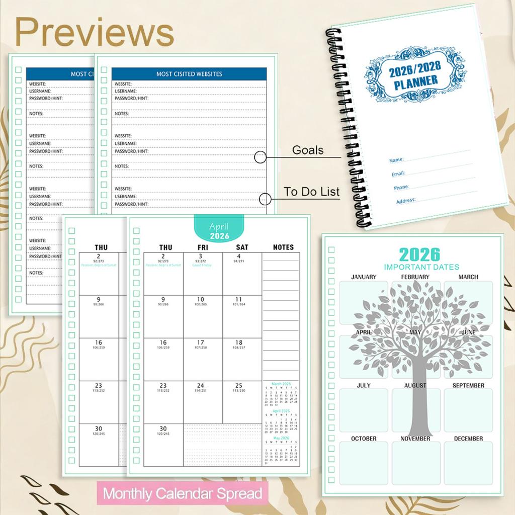 A Watercolor Monthly Planner For 2026-2028, Perfect As A Gift For Family And Friends To Help Plan Your Time And Schedule.