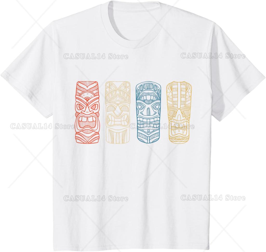 Vintage Tiki Hawaiian Polynesian Mask Four Totems Gift T-Shirt Holiday Beach Short Sleeve Cotton